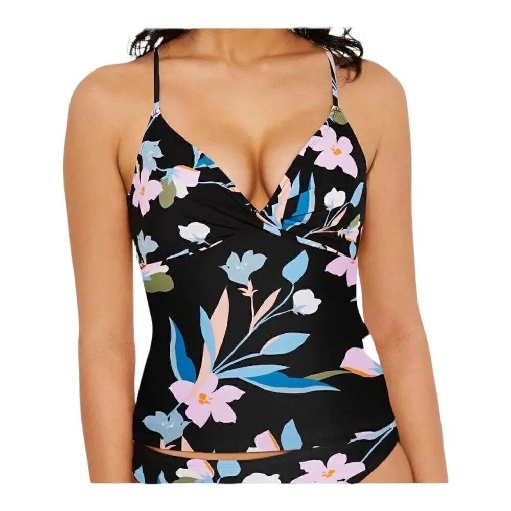 Hula Honey Juniors' Flourishing Floral Tankini Top Black Multi Small NWT